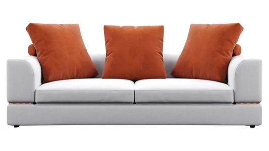 Schlafsofa Mary in modernem Design mit zwei Sitzplätzen und eleganten, orangefarbenen Kissen.