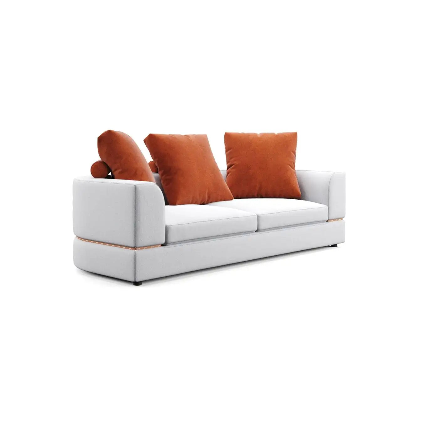 Schlafsofa Mary in modernem Design mit zwei Sitzplätzen und eleganten, orangefarbenen Kissen.