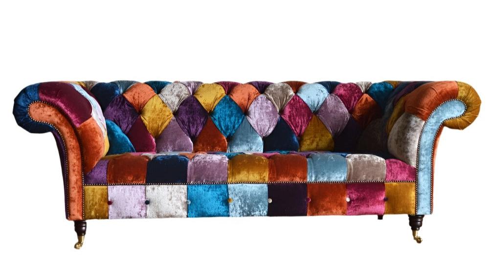 Buntes Chesterfield-Schlafsofa Miranda im Patchwork-Design, luxuriös und funktional.